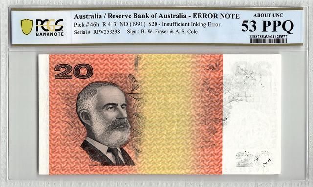 1991 Fraser/Cole Twenty Dollars insufficient inking error